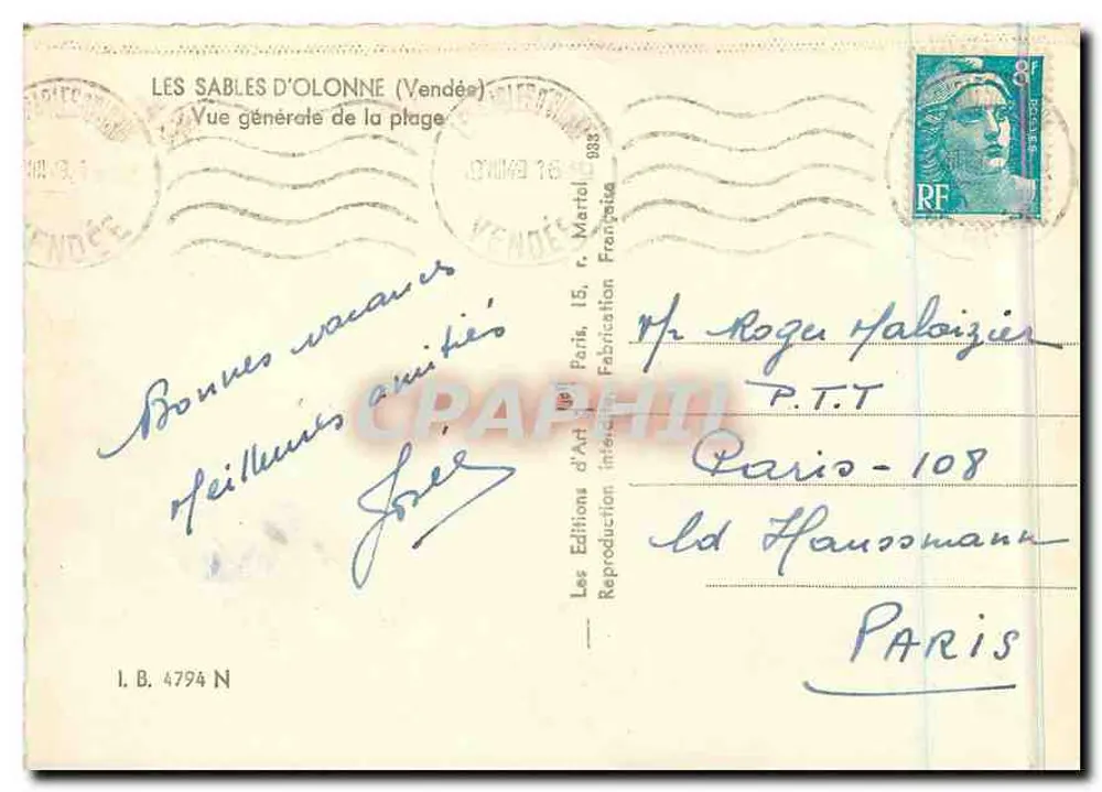 Les Sables-d'Olonne (Vendée) — Vista geral da praia — Les Éditions d'Art, Paris - Verso