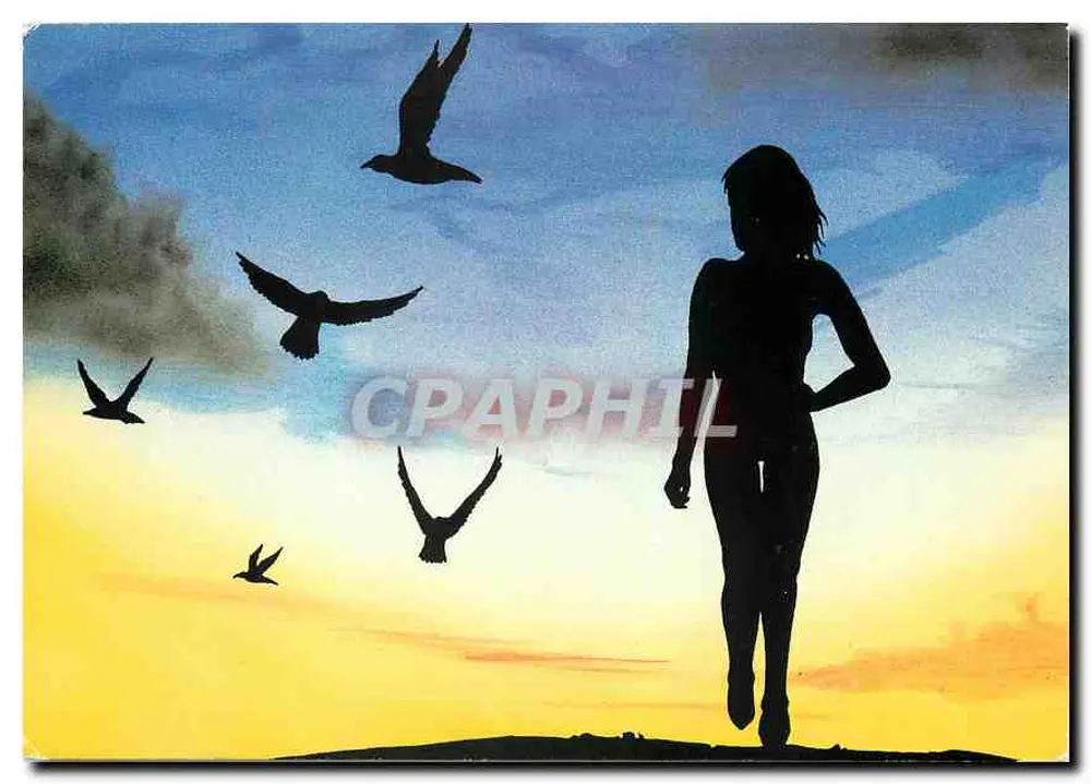 Silhueta de uma mulher e pássaros — pôr do sol — Edições Guibray - Frente