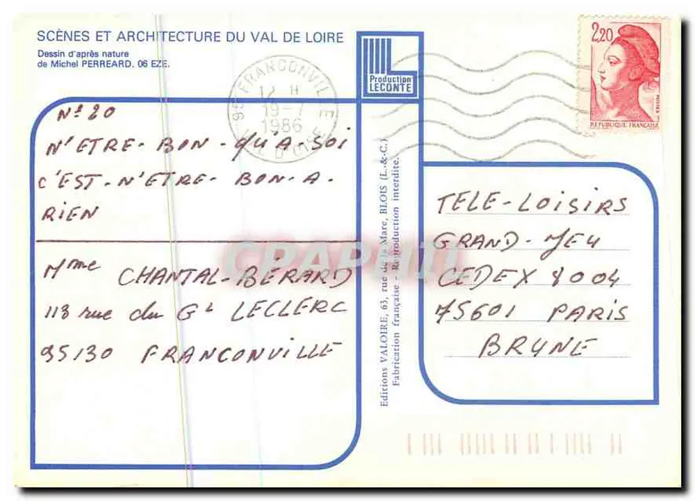 Schloss Chinon: Turm der Uhr — Zeichnung nach Natur von Michel Perreard, Nr. 20, Editions Valoire - Rückseite