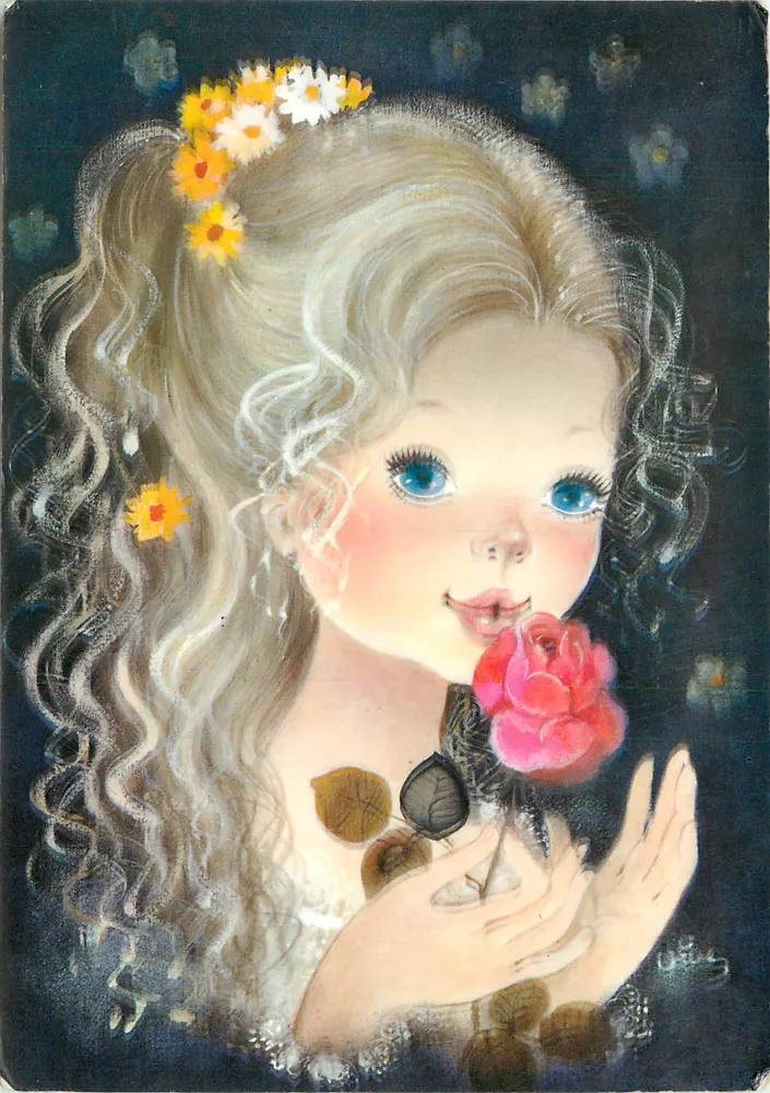 Menina de cabelos loiros e rosa — flores nos cabelos — ABEILLE CARTES REF. 199/1 - Frente