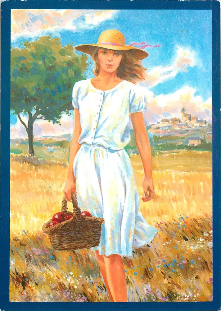 Mulher com cesta de pêssegos — paisagem rural — Dunkerque-Rosen dael - Frente