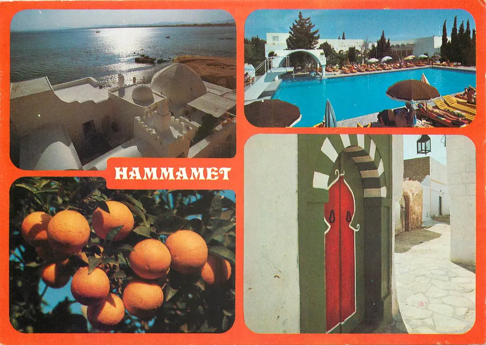 Hammamet — vista do mar, piscina, laranjas e porta — Edições Tanit, C.B.266 - Frente