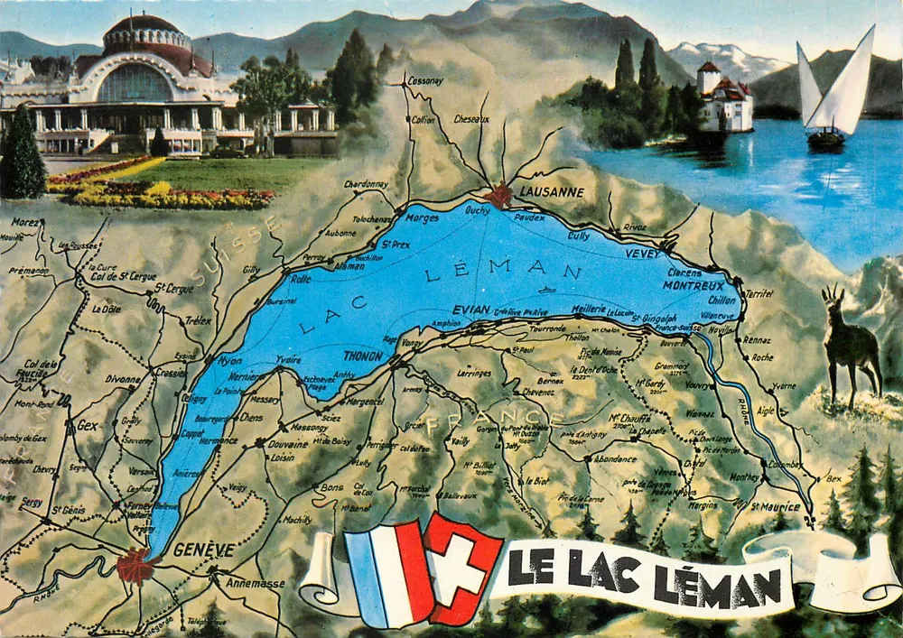 O Lago Léman — carta postal ilustrada com mapa e paisagens — EKTACAP - Frente