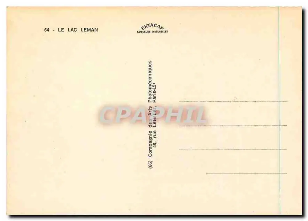 O Lago Léman — carta postal ilustrada com mapa e paisagens — EKTACAP - Verso