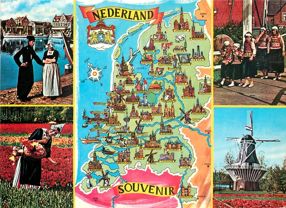 Países Baixos — cartão de lembrança com mapa da Holanda — editor Souvenir - Frente