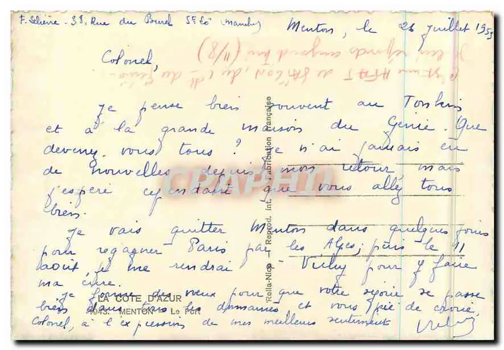 Menton — vue du port avec édifice religieux et pont — éditeur Rella - Verso