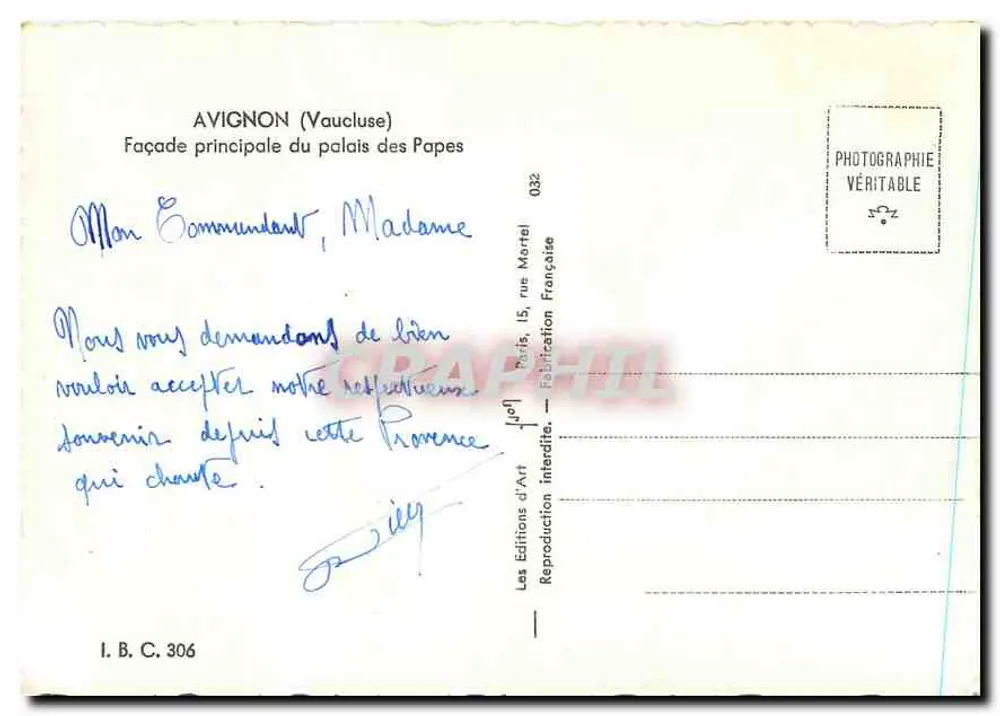 Avignon — Fachada principal del palacio de los Papas — Les Éditions d'Art, París - Reverso