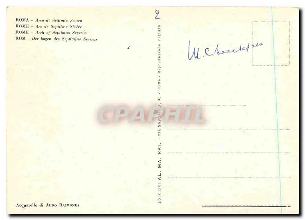 Roma - Arco di Settimio Severo — riproduzione di acquarello di Aldo Raimondi, edizioni Al. Ma. Rai, n°46 - Verso