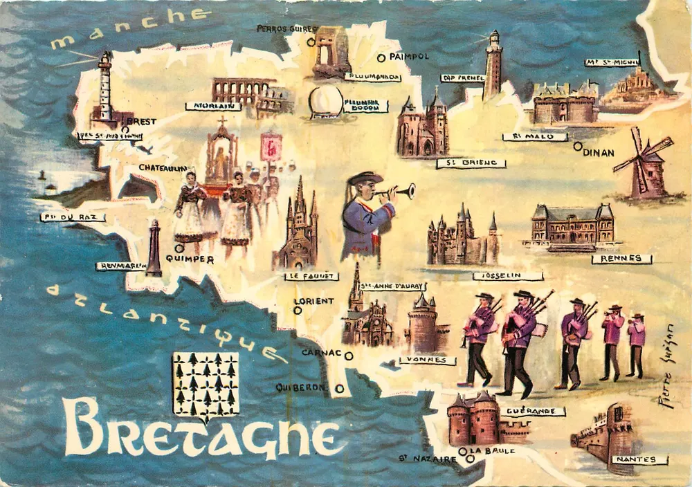 Bretagne — Ilustrowana kartka pocztowa z miejscami i postaciami — Wydawnictwo Sztuki Jos. La Doaré - Awers
