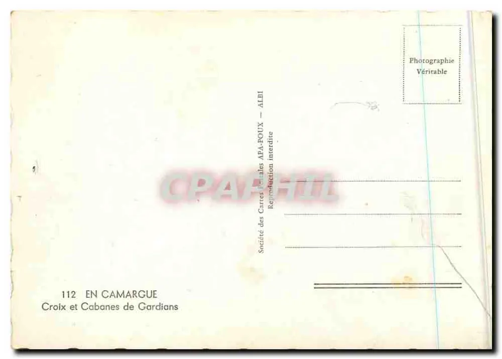 Croix e Cabanes de Gardians — EM CAMARGUE — Sociedade das Cartas Postais APA-POUX — ALBI - Verso