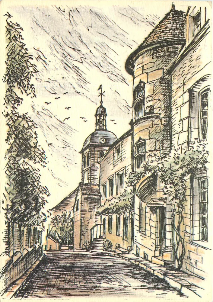 Vézelay, Stadt des Kunst — Die Turm Gaillon (17. Jahrhundert) und die Straße Saint-Pierre — Zeichnung von Robert Mantienne, veröffentlicht von VOGADE - Vorderseite