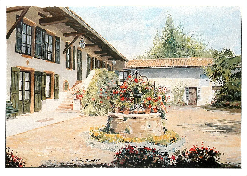Cour d'une maison avec fontaine — reproduction d'aquarelle d'Allain Renoux — éditeur : Création-Clio, Lyon - Frente