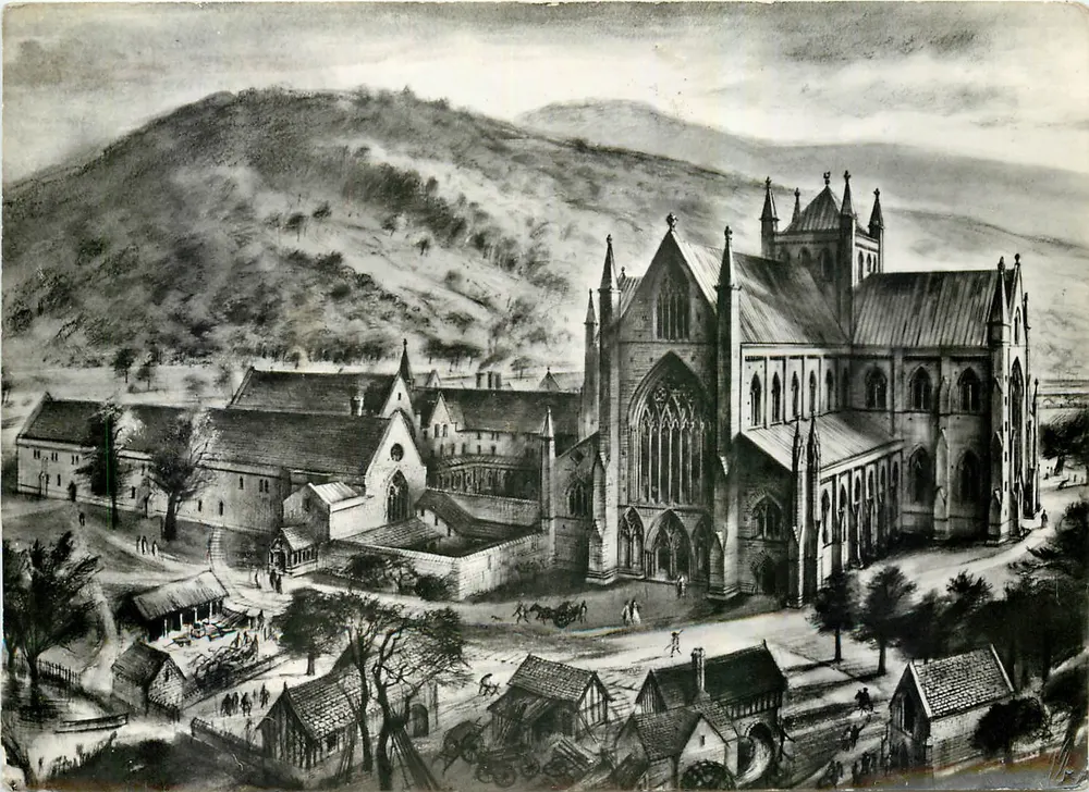 Tintern Abbey, Monmouthshire — wie es vor der Auflösung der Klöster ausgesehen haben könnte — Zeichnung von Alan Sorrell - Vorderseite