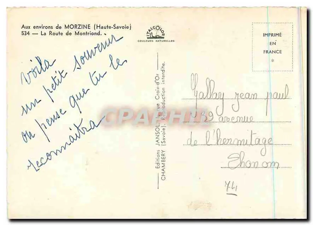 Ansicht eines schneeverdeckten Hauses — in der Nähe von Morzine (Haute-Savoie) — Éditions Jansol, n° 534 - Rückseite