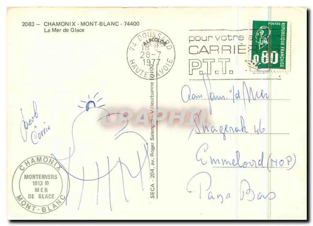 Chamonix Mont-Blanc — Em pequeno trem... na Mer de Glace — editor desconhecido, número de série não visível - Verso