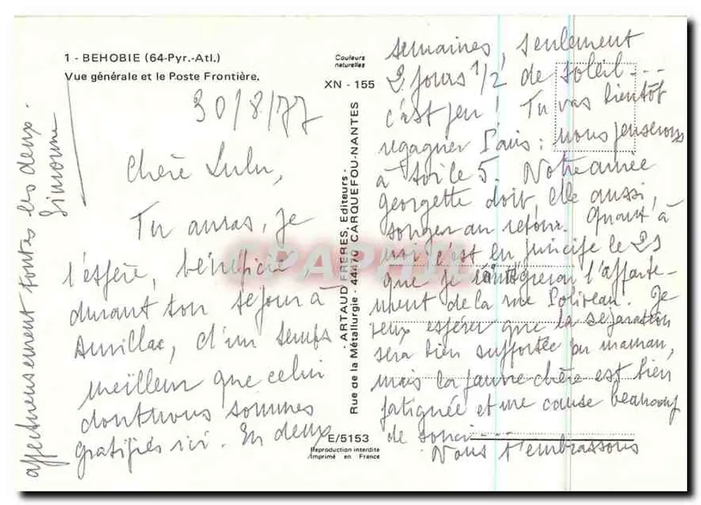 Behobie (64-Pyr.-Atl.) — General View and the Border Post — Artaud Frères, Publishers, No. XN-155 - Back