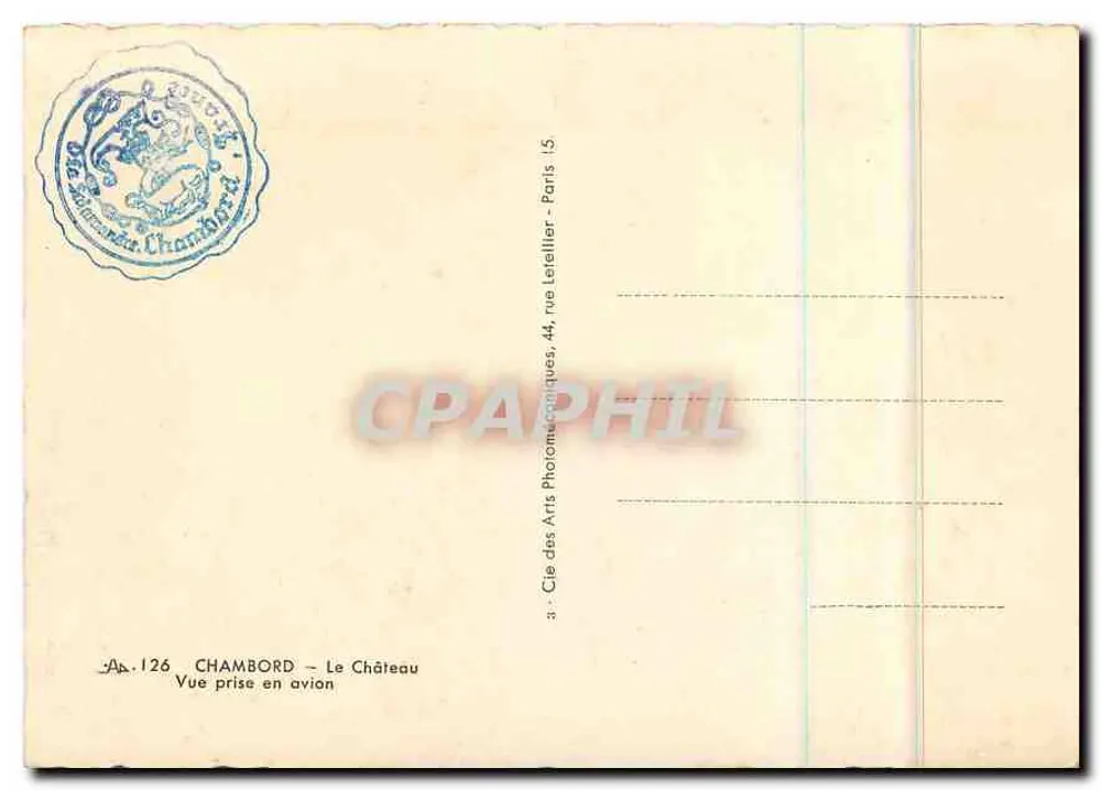 Chambord — Schloss — Luftaufnahme — Cie des Arts Photométriques, 44, rue Leteriller - Paris - Rückseite