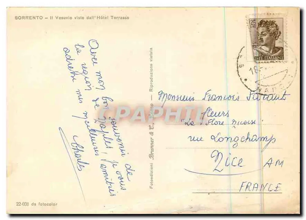 Sorrento — Aussicht auf den Vesuv von der Hotel-Terrasse — Verlag Bruttner & C°, Nr. 22-031 - Rückseite