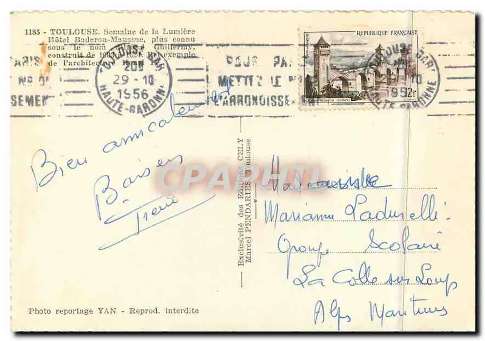 Hôtel Baderon-Maussac — Toulouse — Verlag CELY, Nr. 1185 - Rückseite