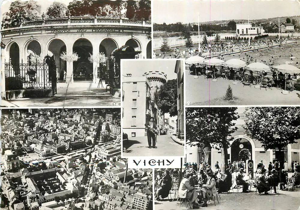 Vichy — Źródło Célestynów, basen, wieża zegarowa, widok z lotu ptaka — Éditions du Globe, Paryż - Awers