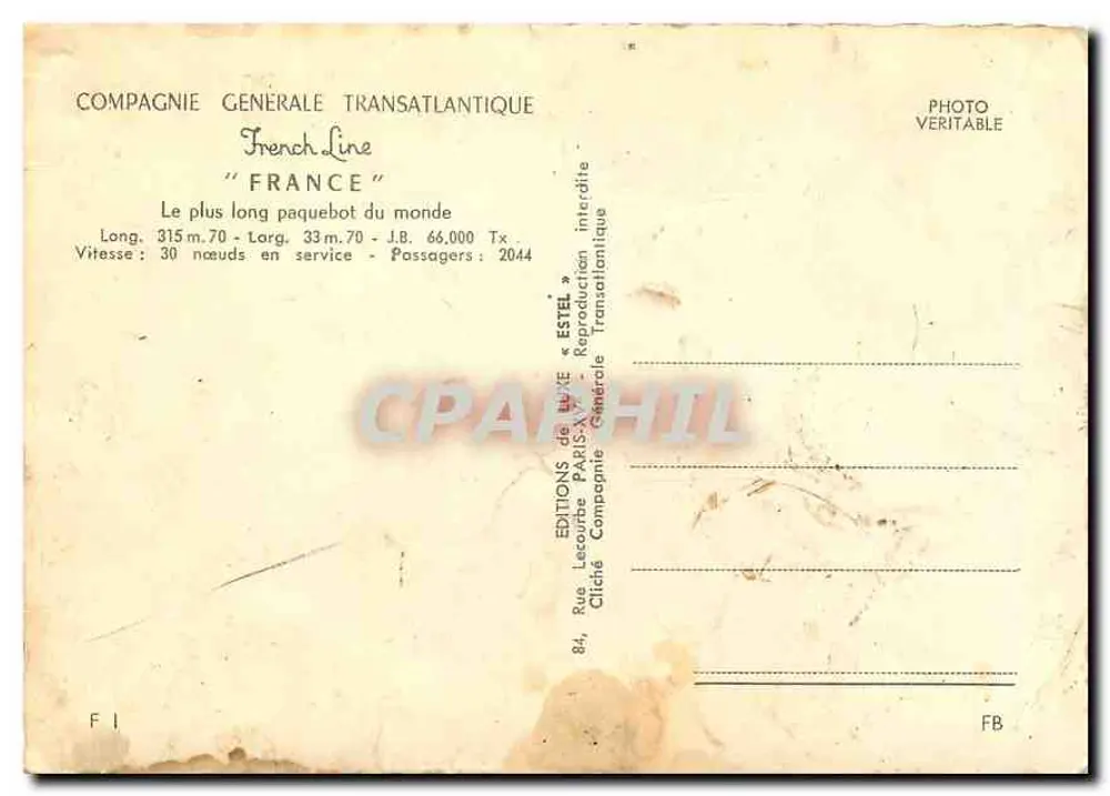Cruiser France — Compagnie Générale Transatlantique — Éditions Estel - Verso