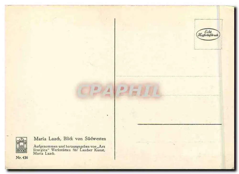 Maria Laach — Vista do sudoeste — Editor: Arz liturgica Werkstätten für Laacher Kunst, n° 436 - Verso
