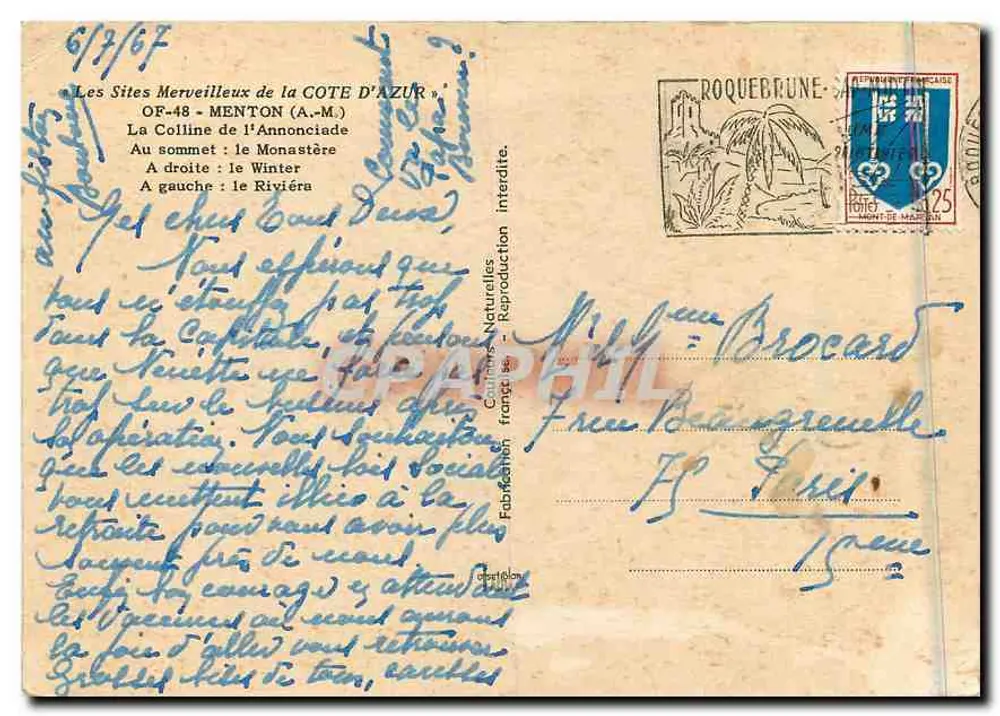 Menton — Colina da Annonciade e hotéis — Editor: Courriers Naturelles - Verso