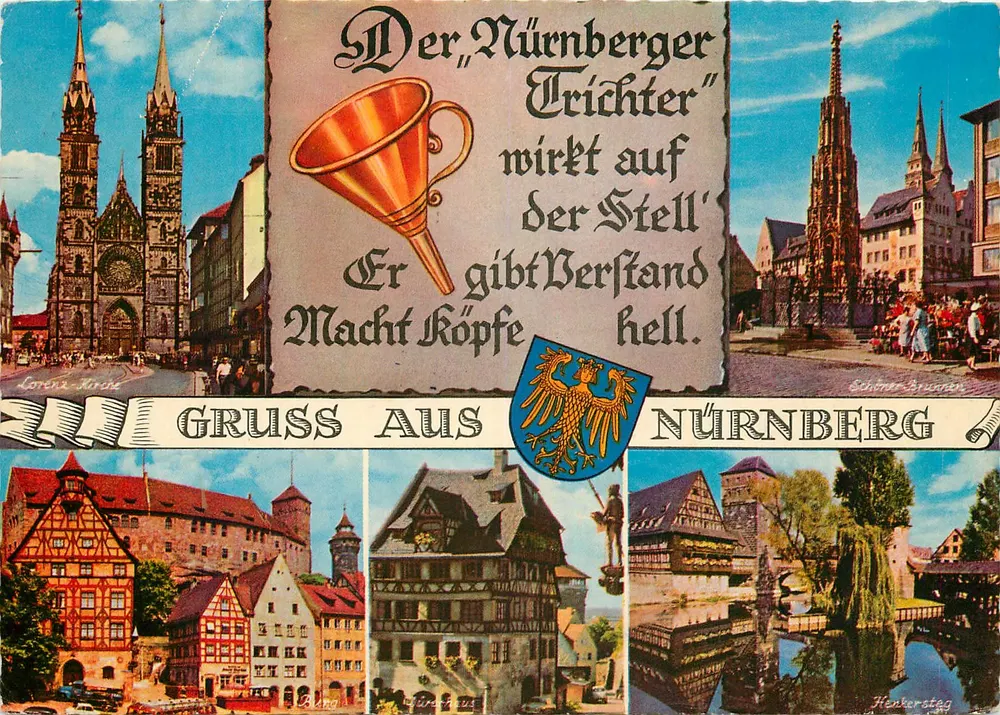 Nürnberg — Saudações de Nürnberg — Schöner Brunnen, Lorenz-Münze, Burg, Würzhaus, Henkersteg — editor Lorenz-Münze - Frente