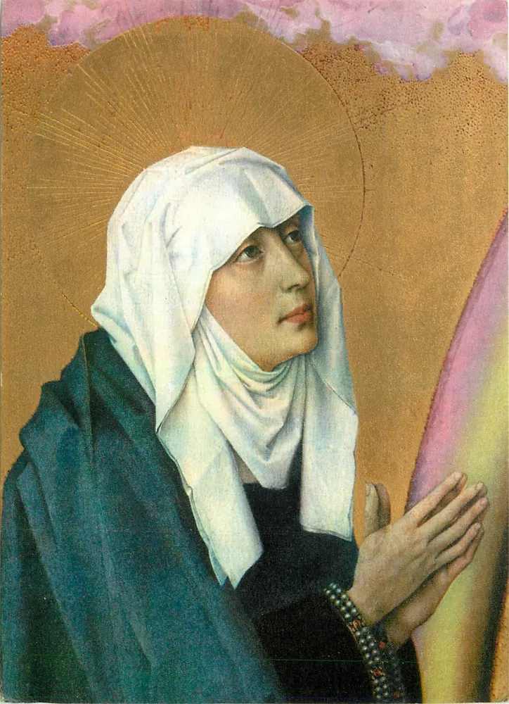 Die Jungfrau Maria — Detail des Altarwerks des Jüngsten Gerichts — Abbaye d'Encalcat Editions (Tarn) - Vorderseite