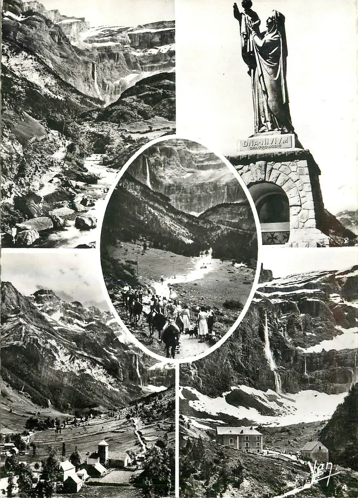 Gavarnie — Widok panoramiczny na wysepkę i statuę Najświętszej Panny Maryi z Nowych Śniegów — wydawnictwo YAN, nr 4 - Awers