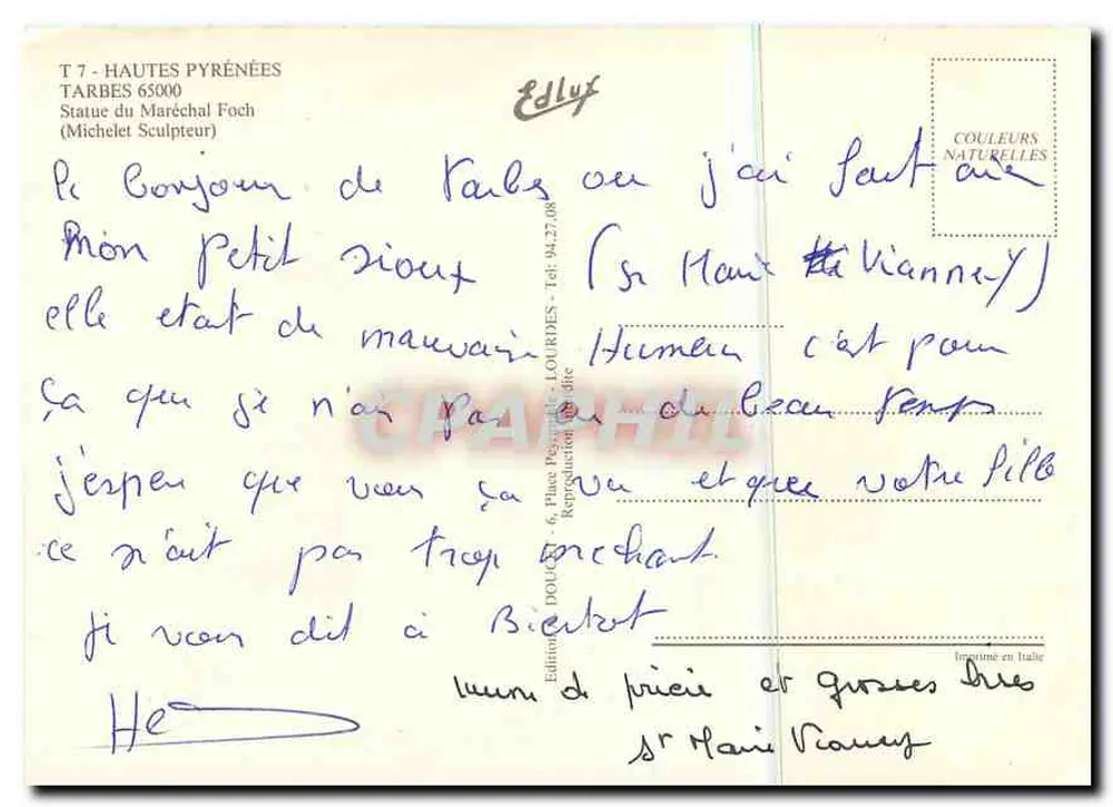 Statua del Maresciallo Foch a Tarbes — editore Edlyf, serie T 7 - Verso