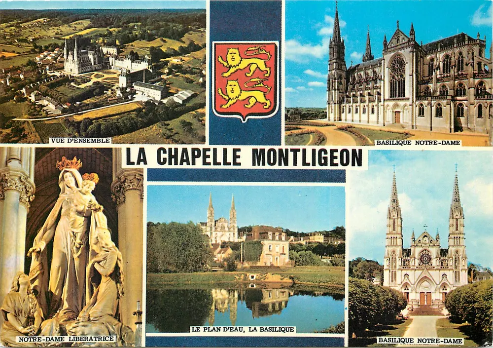 La Chapelle Montligeon — vista geral, basílica Nossa Senhora, lago, estátua Nossa Senhora Libertadora — editor ARTA ID Frères, Nantes - Frente