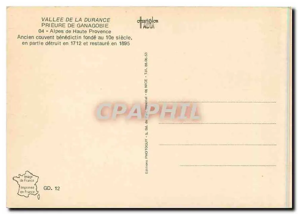 Ganagobie — Priorat-Kloster, Das Spitzhäuschen, Kirchentor — Verlag: Editions Photocolor Adia, Nr. GD. 12 - Rückseite