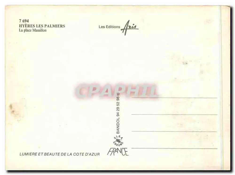 Hyères — Piazza Massillon — Les Editions Aris, n°7 694 - Verso