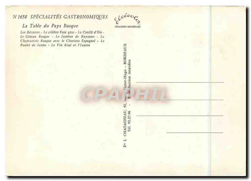 La Table du Pays Basque — spécialités gastronomiques — Éditeur L. Chataigneau, Bordeaux - Verso