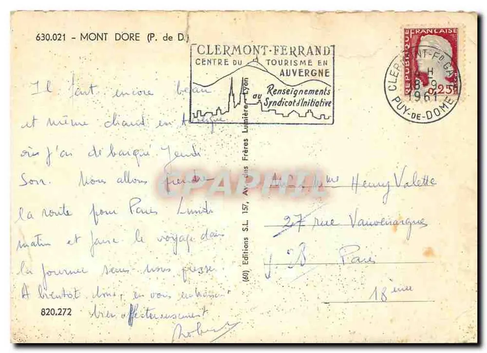 Mont Dore (P. de D.) — vista panorâmica do vilarejo encaixado — Edições S.L. 157, Clermont-Ferrand - Verso