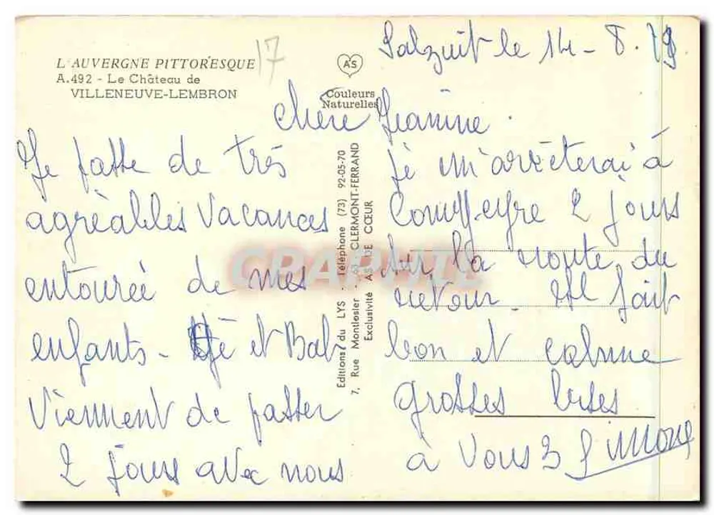 Schloss Villeneuve-Lembron — Ansicht der Haupttürme — Éditions du LYS - Rückseite