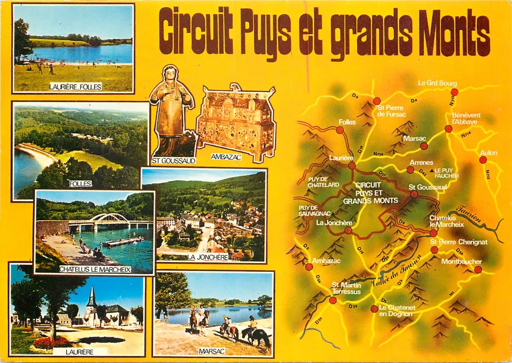 Circuito Puy e Grandes Monts — Carta turística com fotos e mapa rodoviário — Impressor Combier, Mâcon - Frente