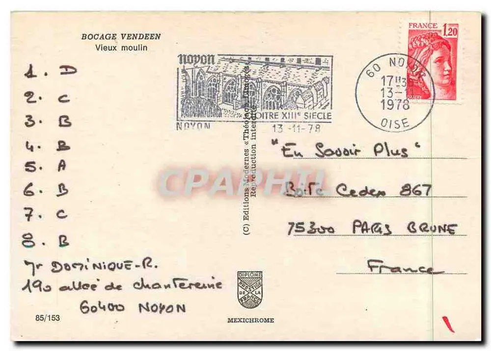 Velho moinho — Bocage Vendéen — Edições Médecines, n° 85/153 - Verso