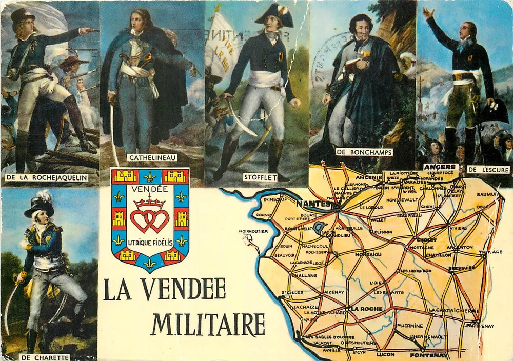A Vendée Militar — Carta postal ilustrada com retratos de chefes vendeanos e mapa da região — editada por Artaud Frères - Frente