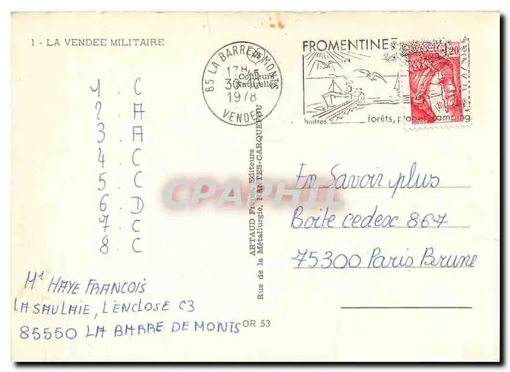 A Vendée Militar — Carta postal ilustrada com retratos de chefes vendeanos e mapa da região — editada por Artaud Frères - Verso