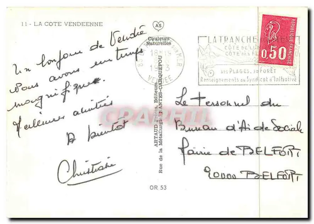A Costa Vendéenne — Carta postal turística — Artaud Frères, Editores - Verso