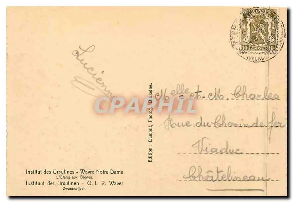 Teich mit Schwänen — Institut der Ursulinen, Waver Notre-Dame — Dumont-Ausgabe, Brüssel - Rückseite