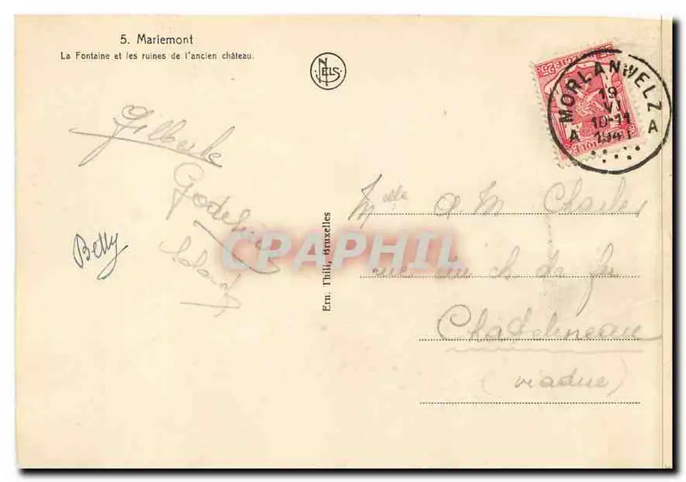 Mariemont — Die Fontäne und die Ruinen des alten Schlosses — Em. Thil, Brüssel - Rückseite