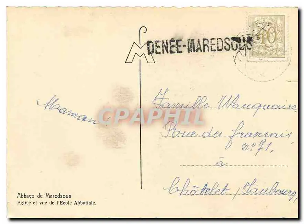 Abbaye de Maredsous — Église et vue de l'École Abbatiale — éditeur non identifié - Verso