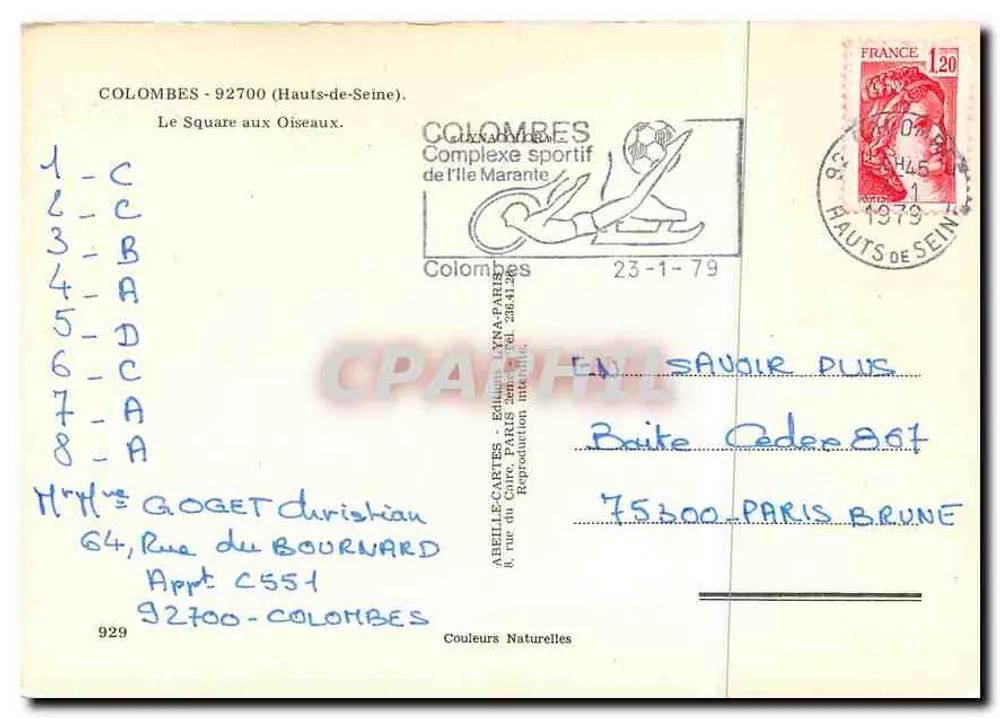 Plaats van de Vogels — Colombe — uitgever ABELLE-CARTES, n° 929 - Achterkant