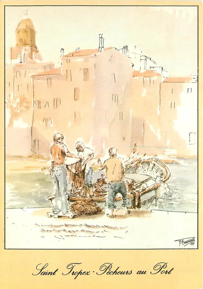 Saint Tropez - Pescadores no Porto — desenho de P. Bourraud, 1938 - Frente
