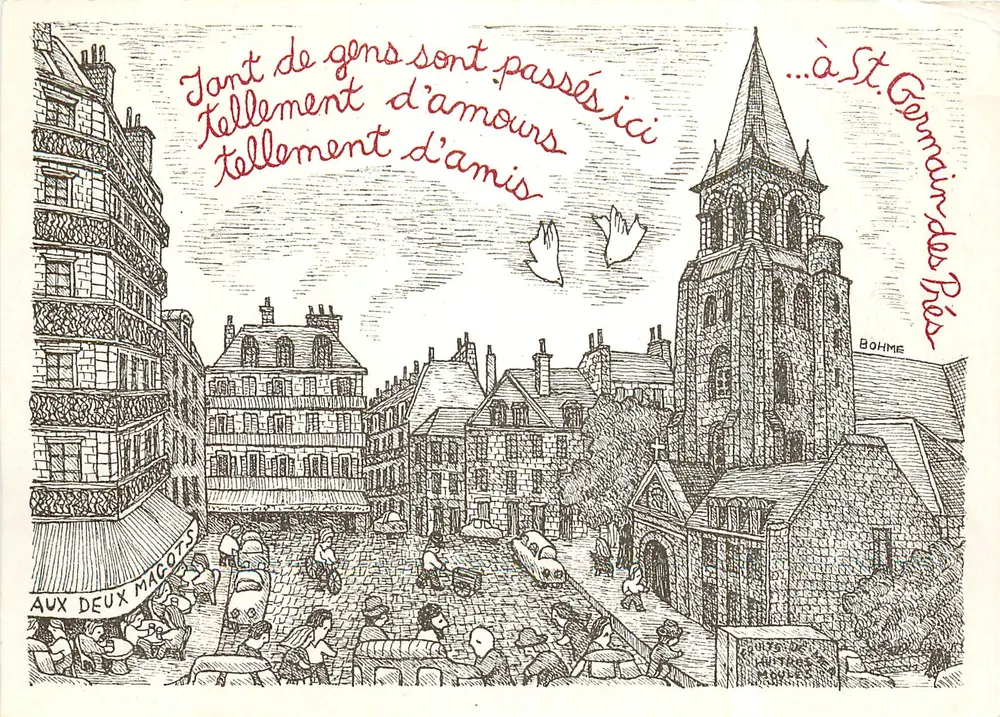 St-Germain-des-Prés — view of the square with church — drawing by Lawrence Bohme - Front
