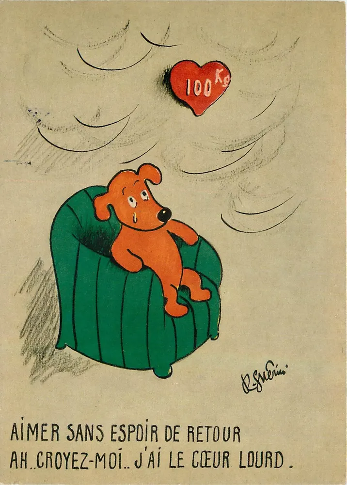 Sad Dog in an Armchair — Heart of 100 kg — drawing by R. Guérin - Front