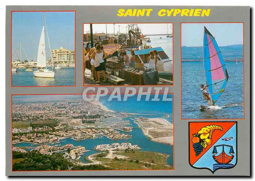 Saint Cyprien — Panoramablick, Hafen, Segelboot und Windsurfen — n° 9174 - Vorderseite